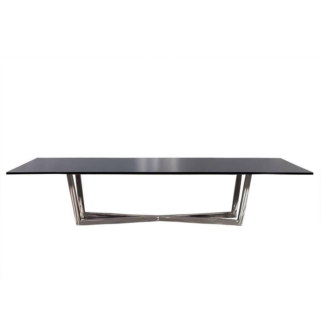 Carrocel Custom Modern Brushed Steel X Base Black Lacquer Dining Table