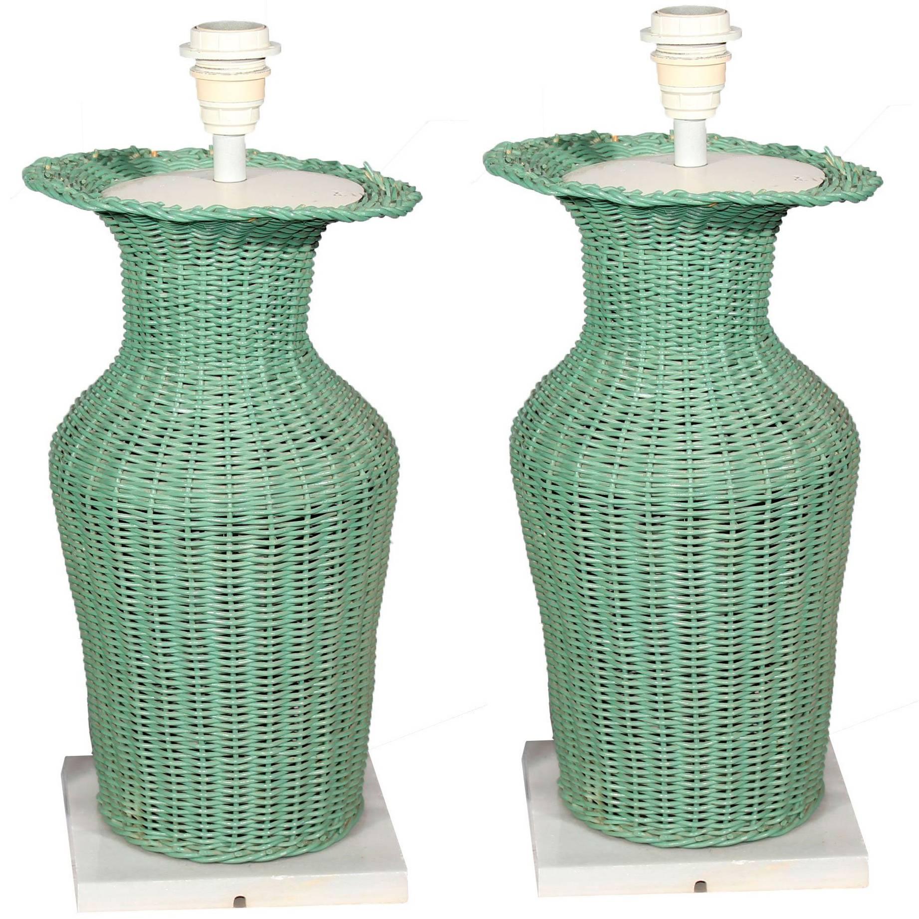 1970s Pair of Vingate Laced Rattan Table Lamps