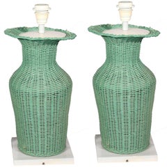 1970s Pair of Vingate Laced Rattan Table Lamps