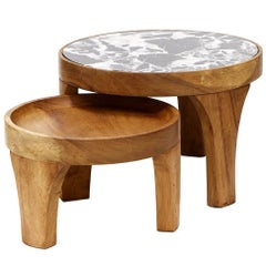 Set of Two Handcrafted Marcelino Center Tables Tropical Parota Wood and Marble