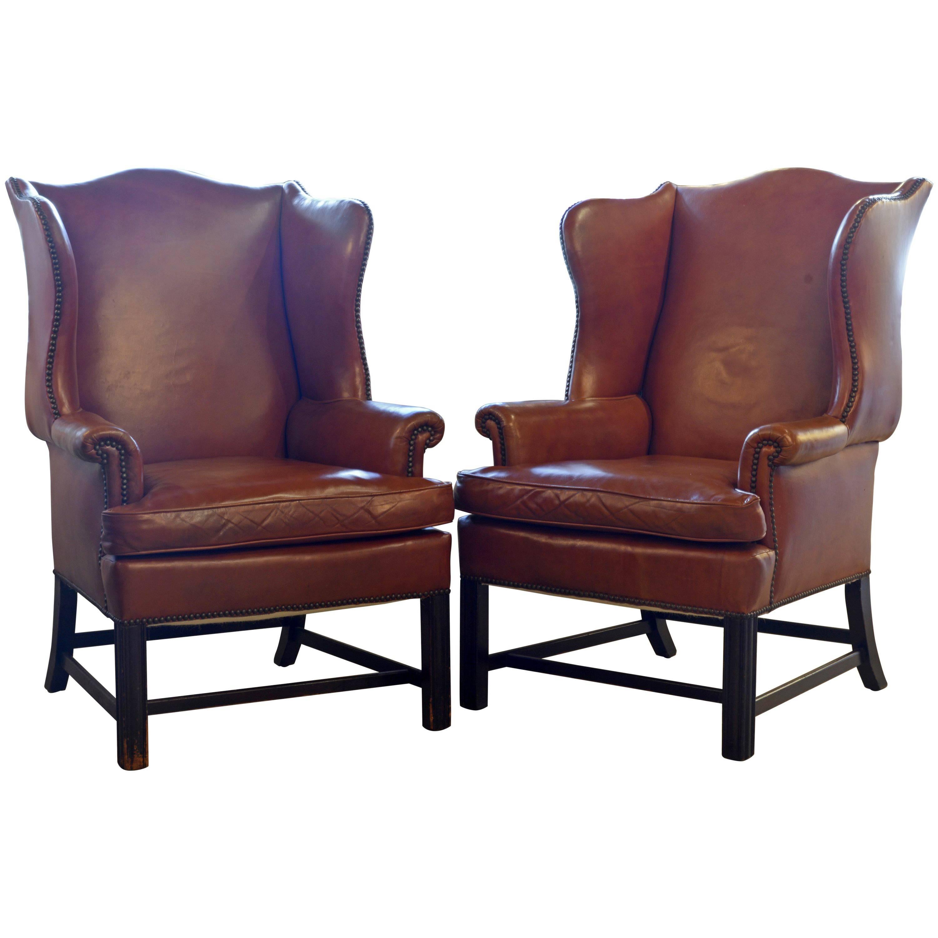 Pair of Exquisite Vintage Georgian Style Wing Back Leather Armchairs