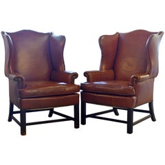 Pair of Exquisite Vintage Georgian Style Wing Back Leather Armchairs