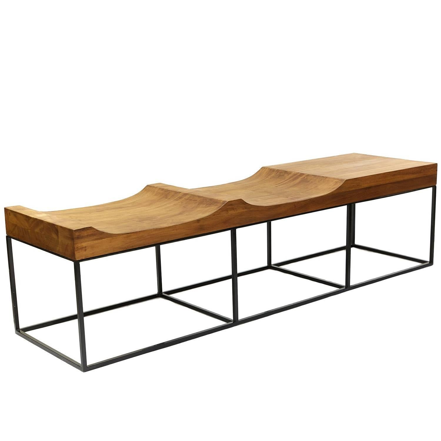 Brazilian Midcentury Inspired Marcelo Bench, Tropical Parota Wood and Steel For Sale