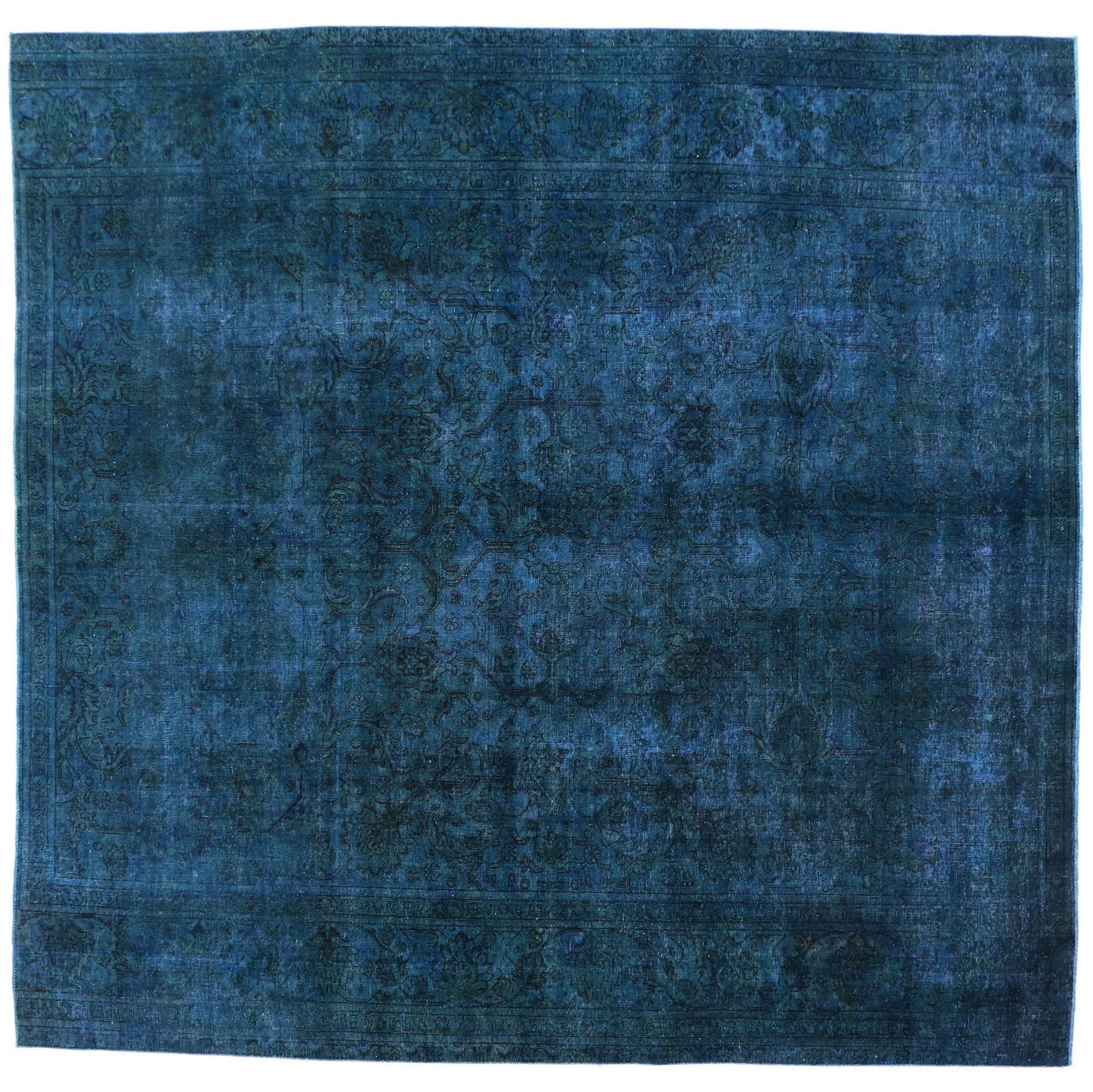 Distressed Vintage Overdyed Blue Persian Rug with Luxe Mediterranean Style