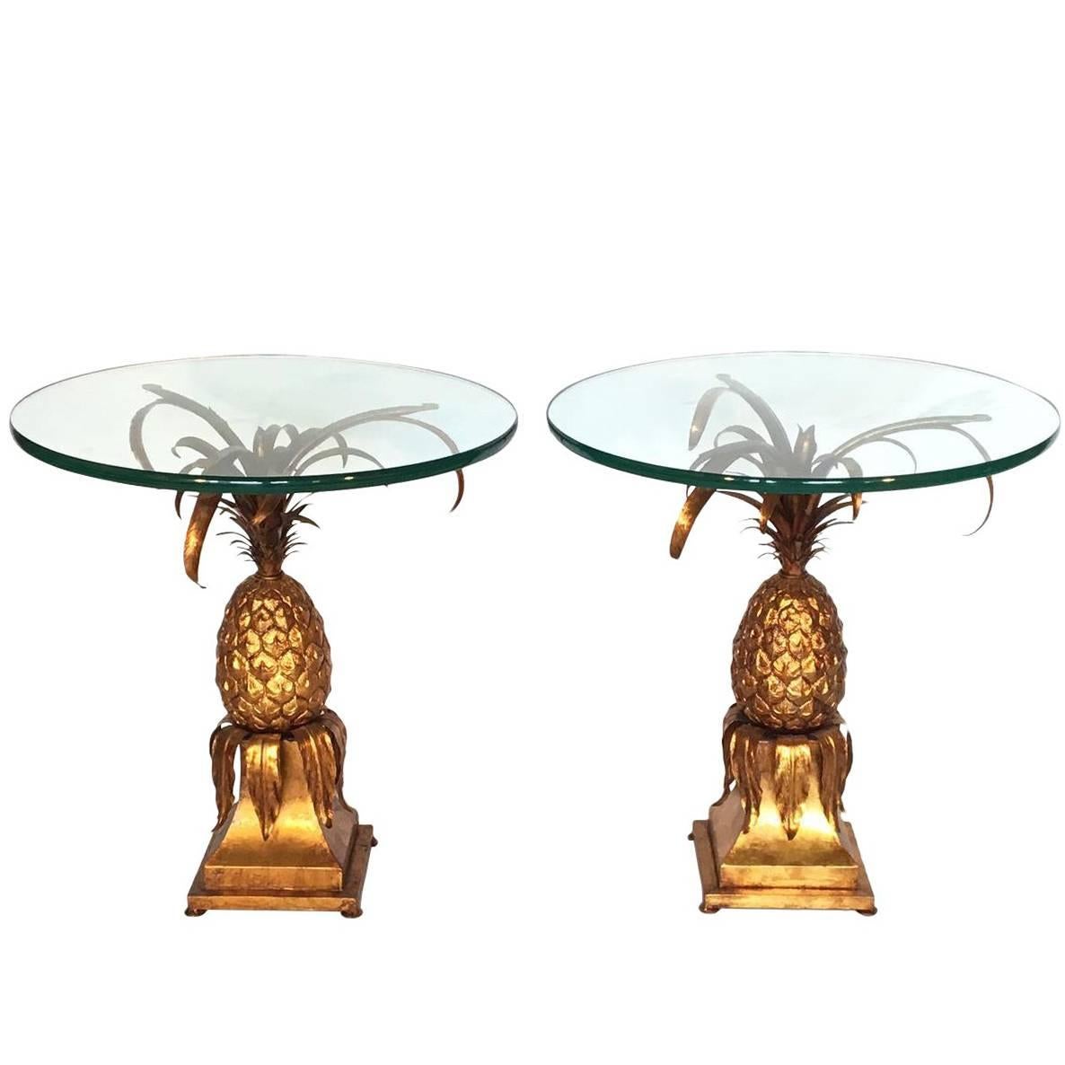 Pair of Sculptural Tole Gold Gilt Pineapple Side Tables