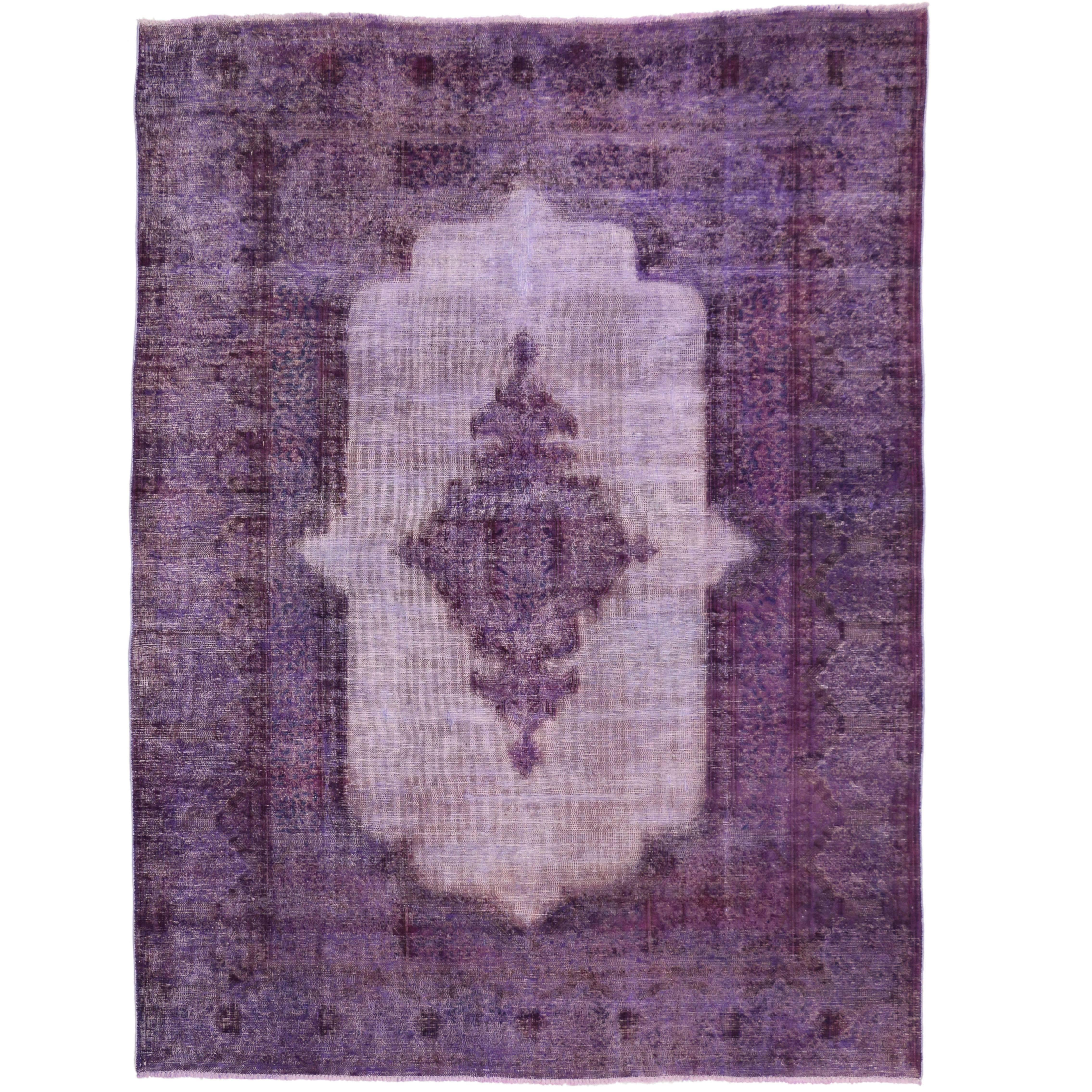 Distressed Overdyed Purple Persian Rug with Post-Modern Memphis Style