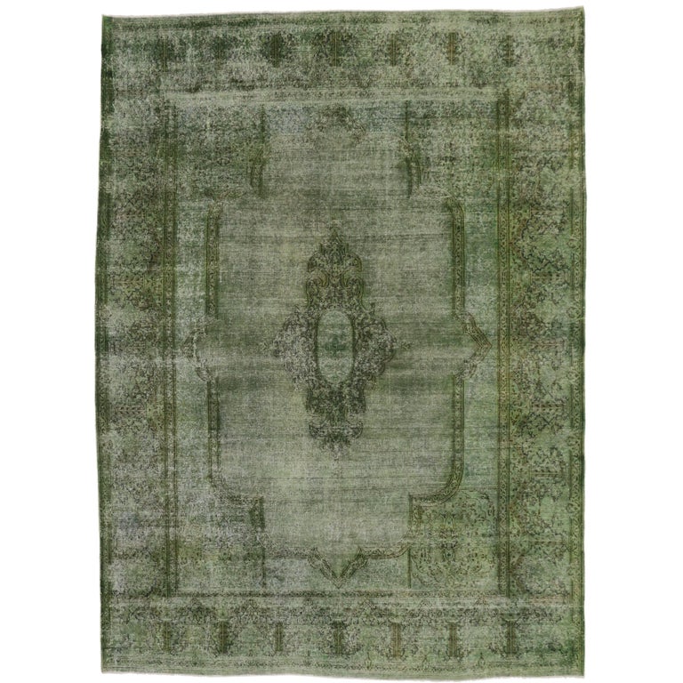 Distressed Overdyed Green Persian Rug with Modern Style at 1stDibs