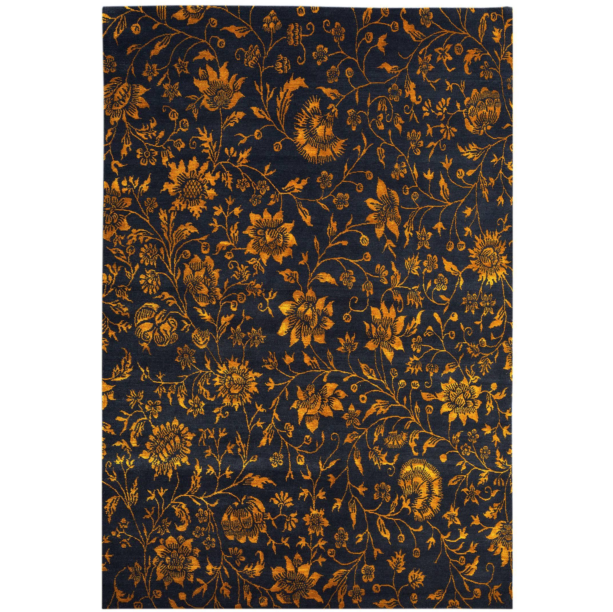 Tibetan Wool And Silk Rug, Deep Indigo Blue and Gold 6x9