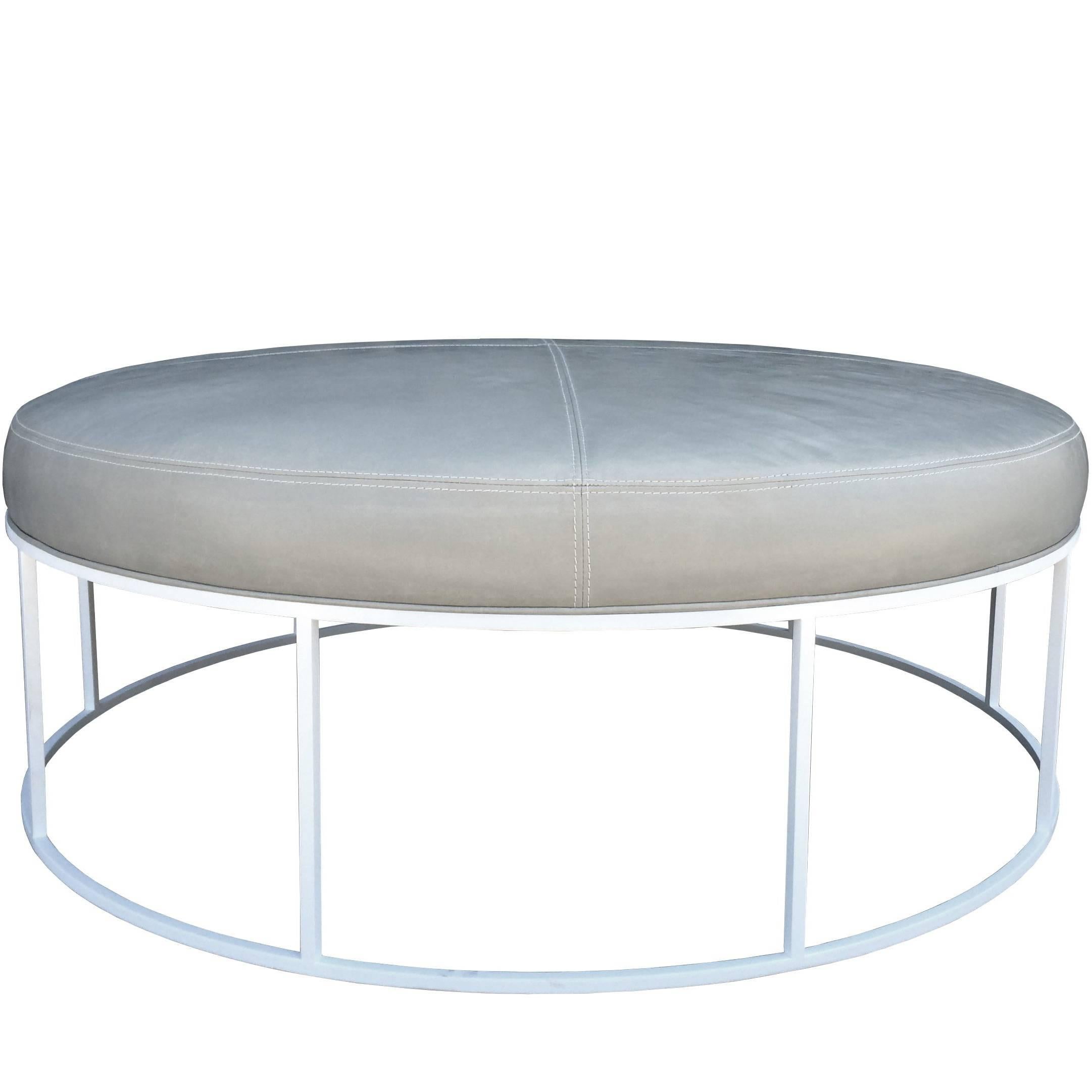 Stunning Custom Designed Round Ottoman with White Lacquered Base and Leather Top For Sale