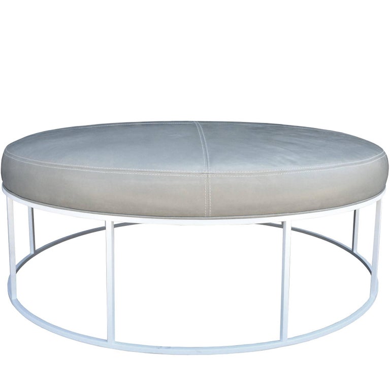 Round Ottoman With White Lacquered Base, Custom Leather Ottoman