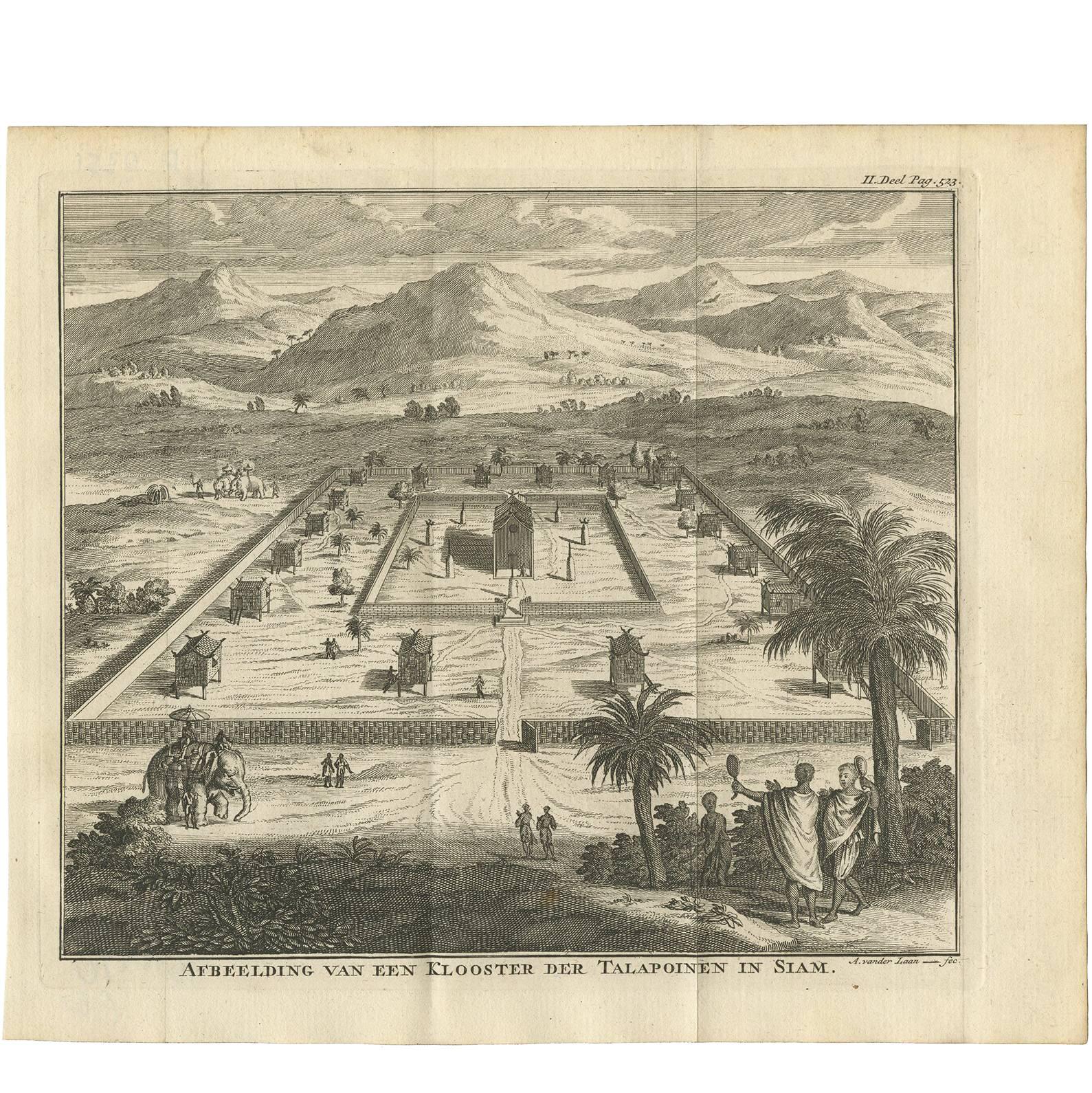 Antique print titled 'Afbeelding van een Klooster de Talapoinen in Siam'. View of a monastery of the Talapoin in Siam, Thailand, in a landscape with fig tree and several elephants. This print originates from 'Hedendaagsche Historie, of tegenwoordige