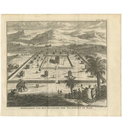 Antique Print of a Monastery of the Talapoin in Siam (Thailand), 1739