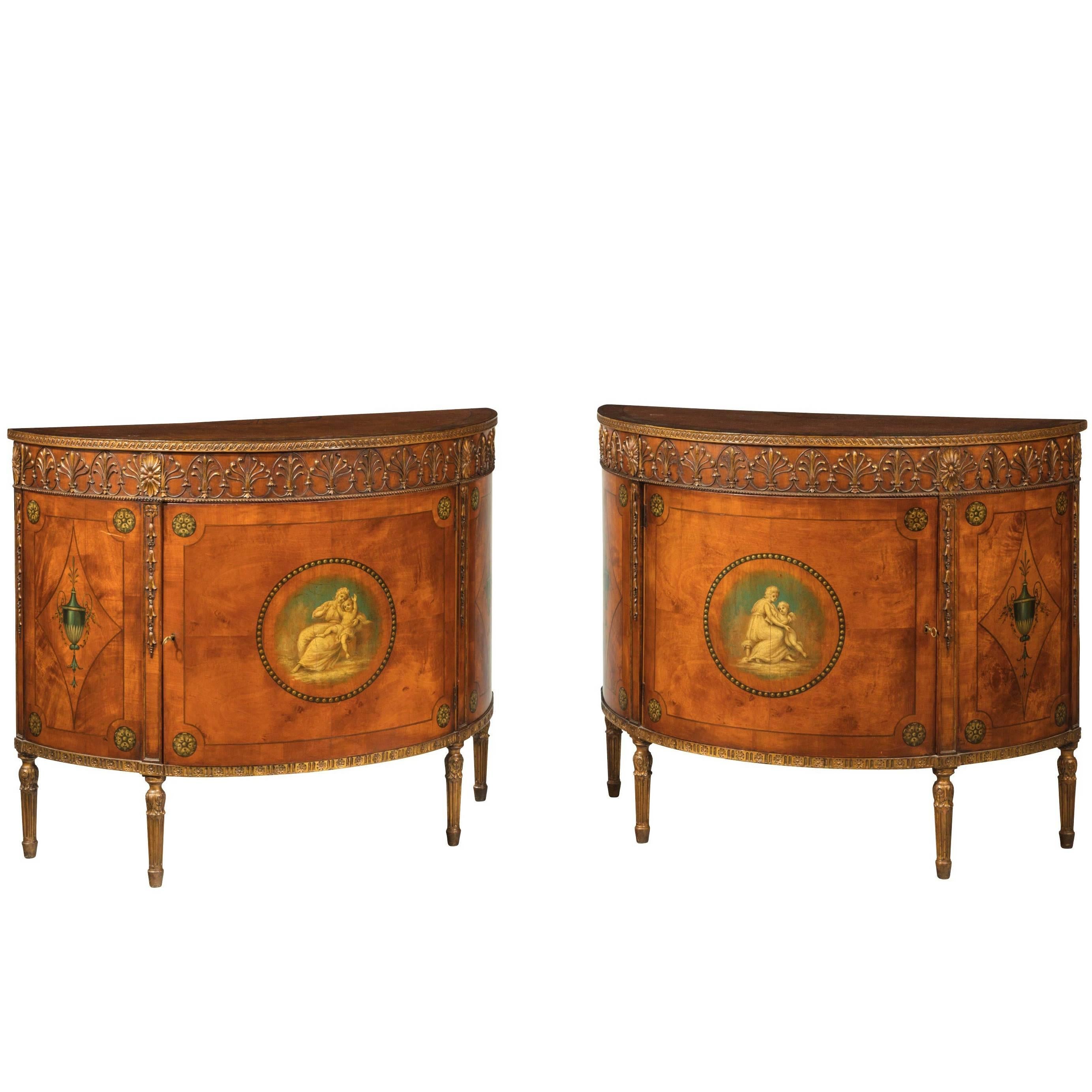 Pair of Sheraton Style Satinwood Demilune Commodes For Sale