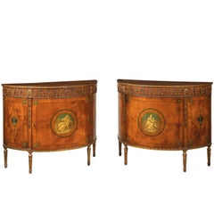 Pair of Sheraton Style Satinwood Demilune Commodes