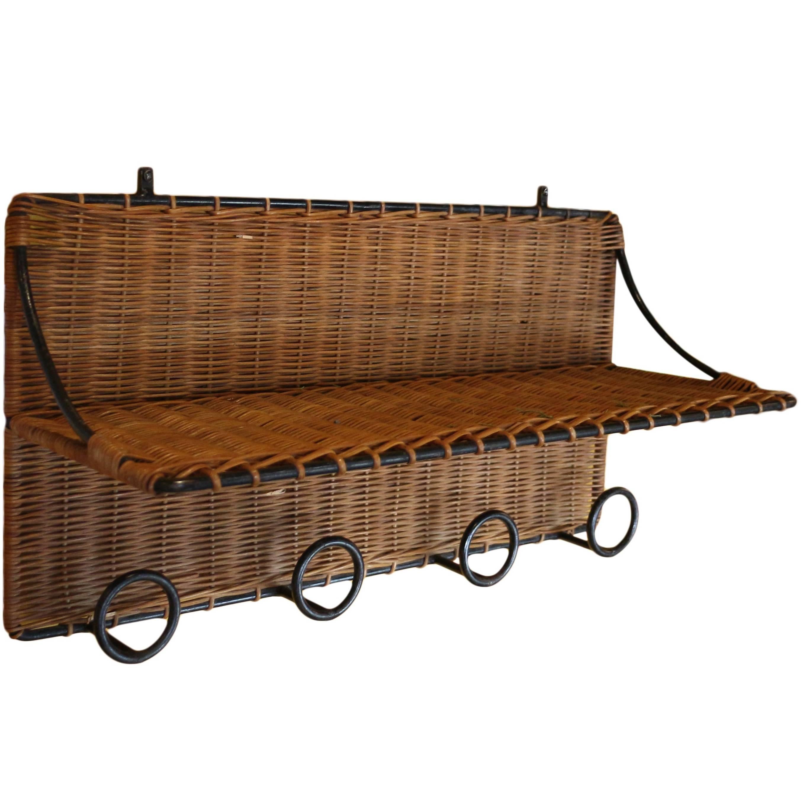 French Midcentury Rattan and Iron Coat Rack