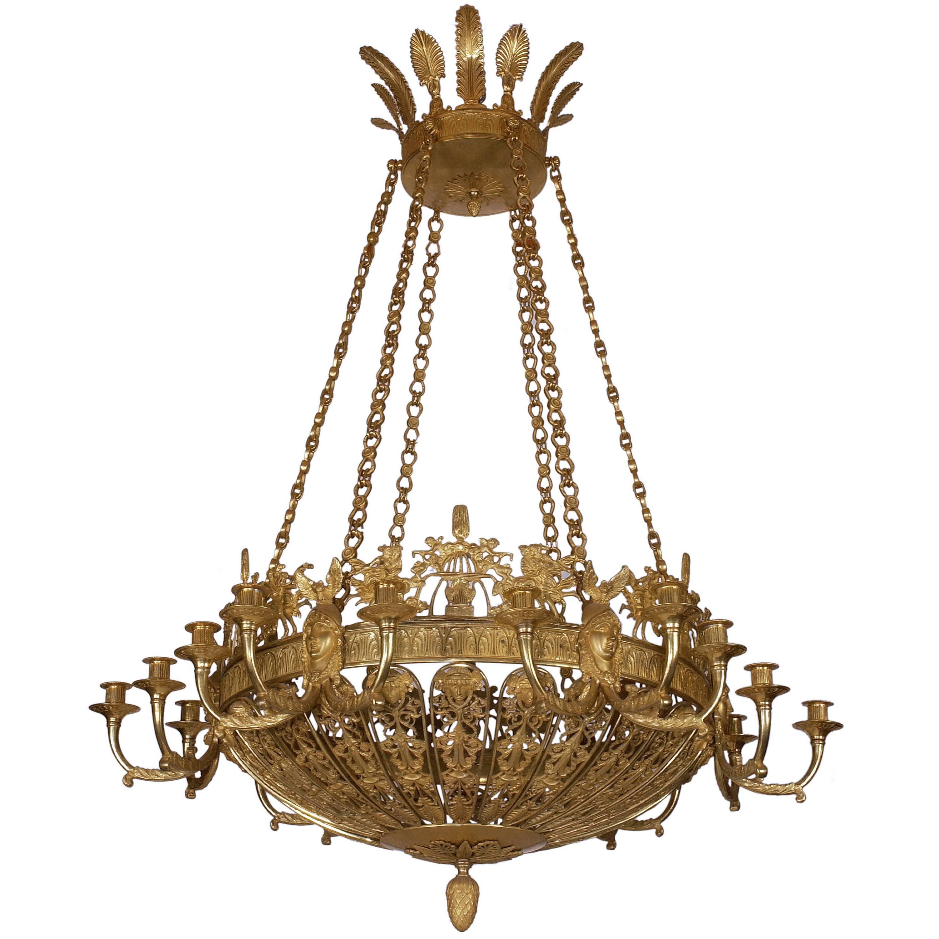 19th Century Fire Gilded Bronze Eighteen-Light Russian Empire Chandelier For Sale