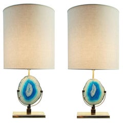 Vintage Pair of Teal Agate Stone and Natural Brass Table Lamps