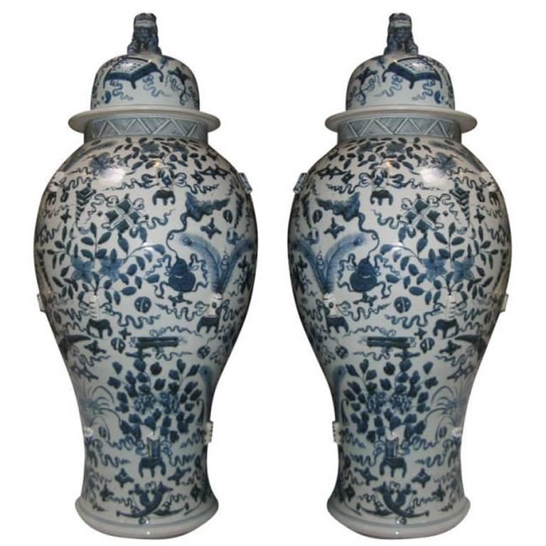 Pair Of Vintage Blue And White Chinese Temple Jars With Lids For Pair Of Vintage Blue And White Chinese Temple Jars With Lids For