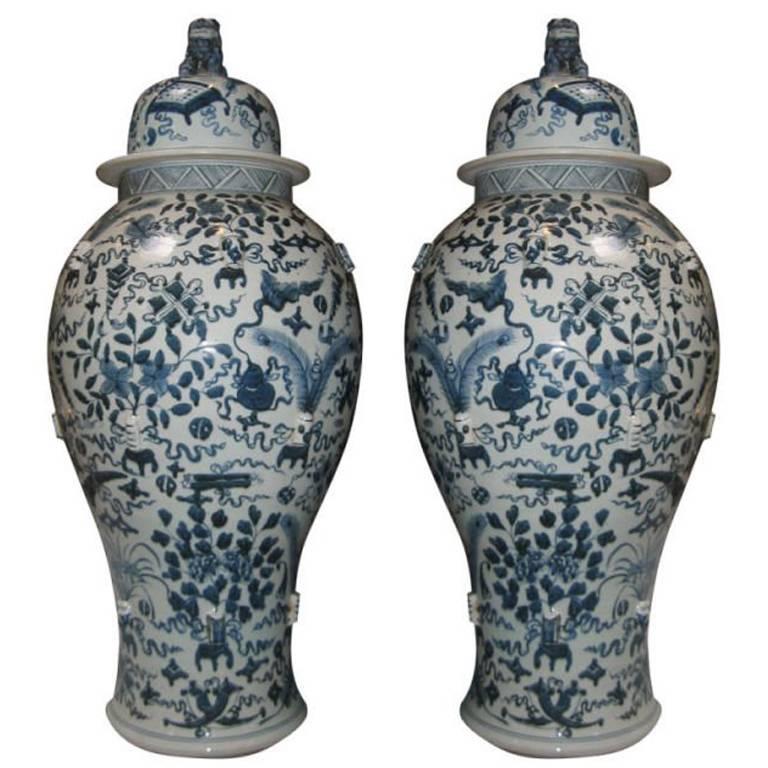 Pair of Vintage Blue and White Chinese Temple Jars with Lids For Sale