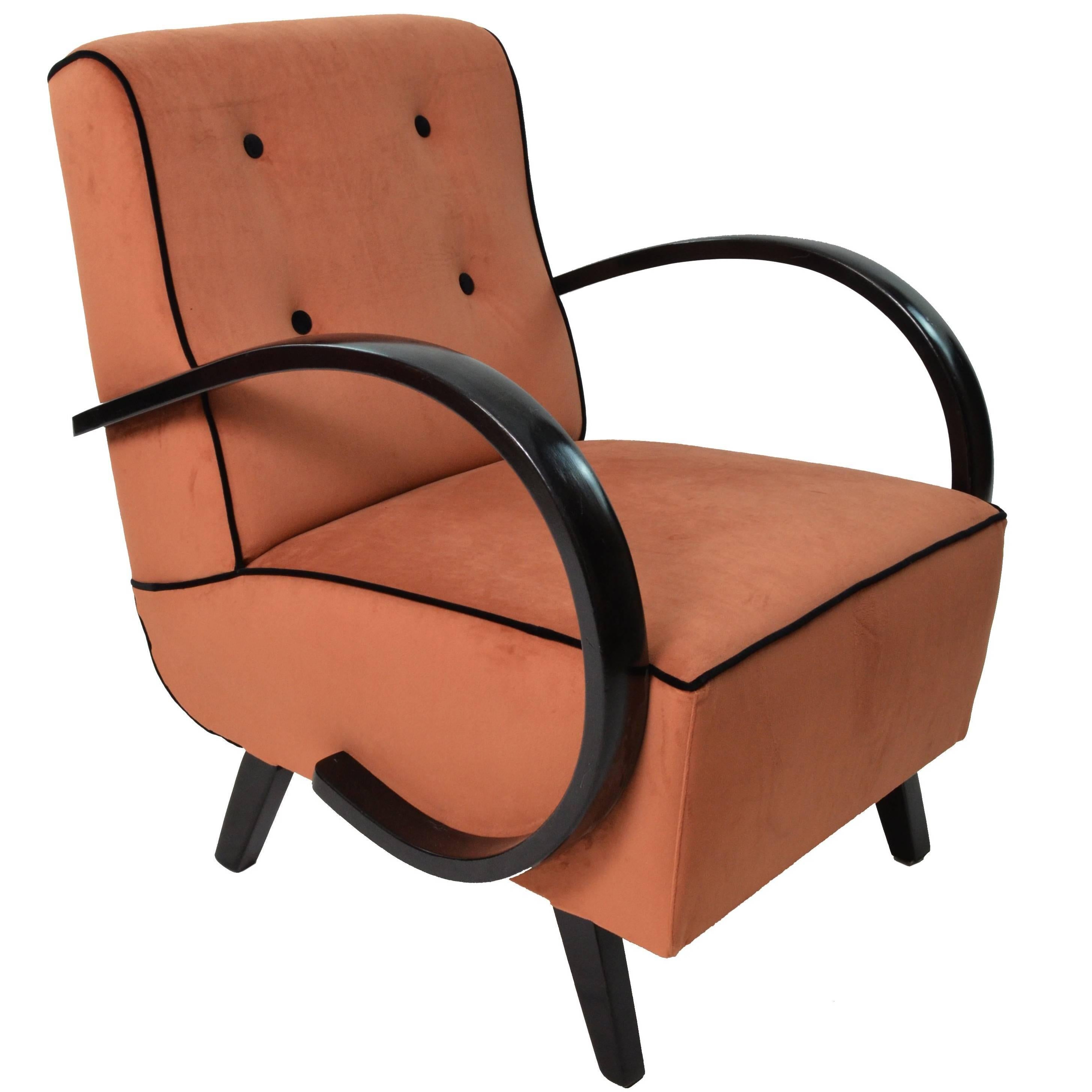 1930s Art Deco Rusty Color Velvet and Black Ebonized Wood Armchairs