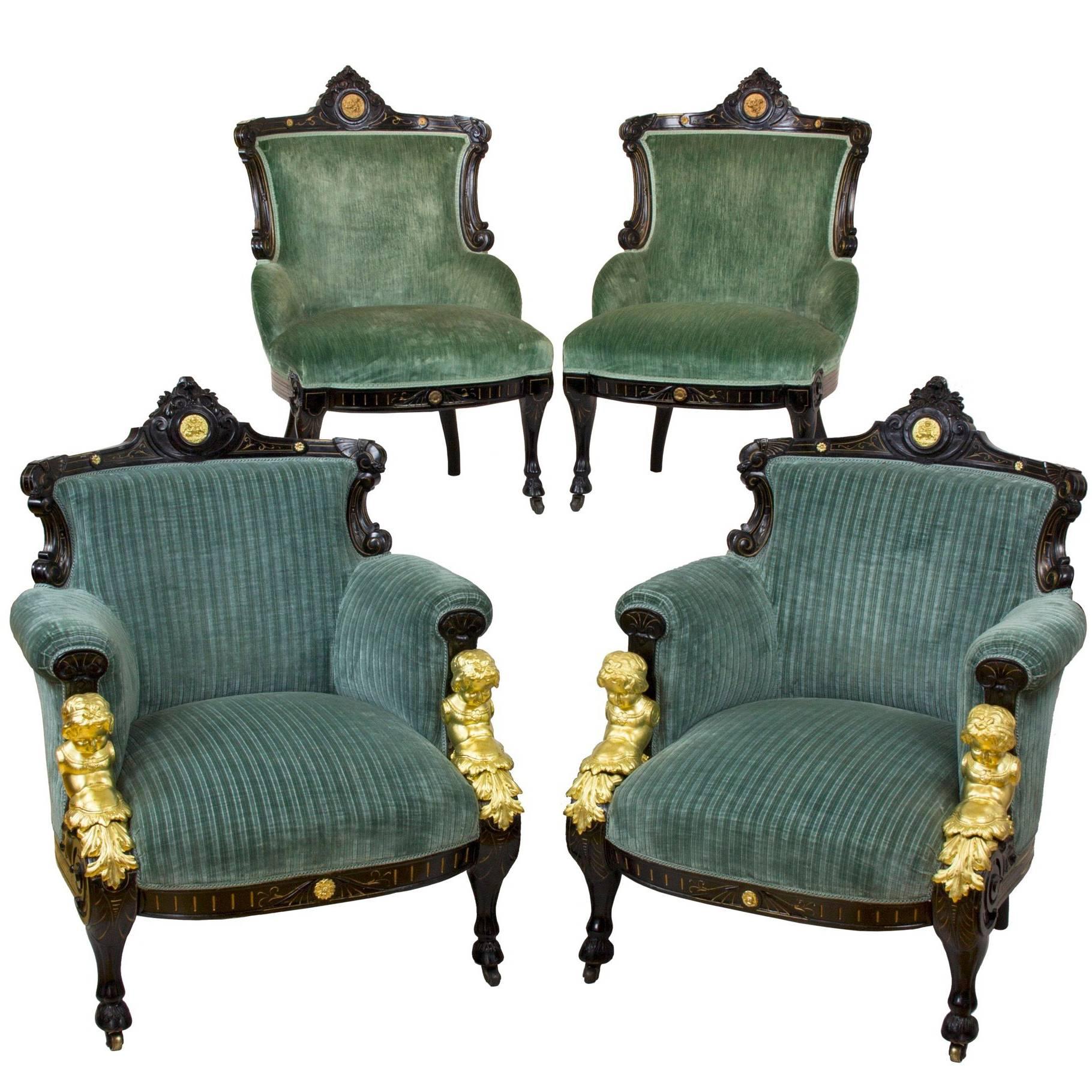 Renaissance Revival Gilt-Metal, Ebonized and Inlaid Rosewood Set of Four Chairs
