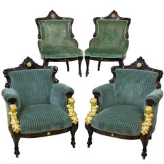 Antique Renaissance Revival Gilt-Metal, Ebonized and Inlaid Rosewood Set of Four Chairs