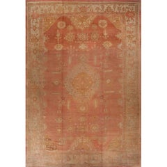 Antique Turkish Oushak circa 1910 Rose with Beige Geometric Motif