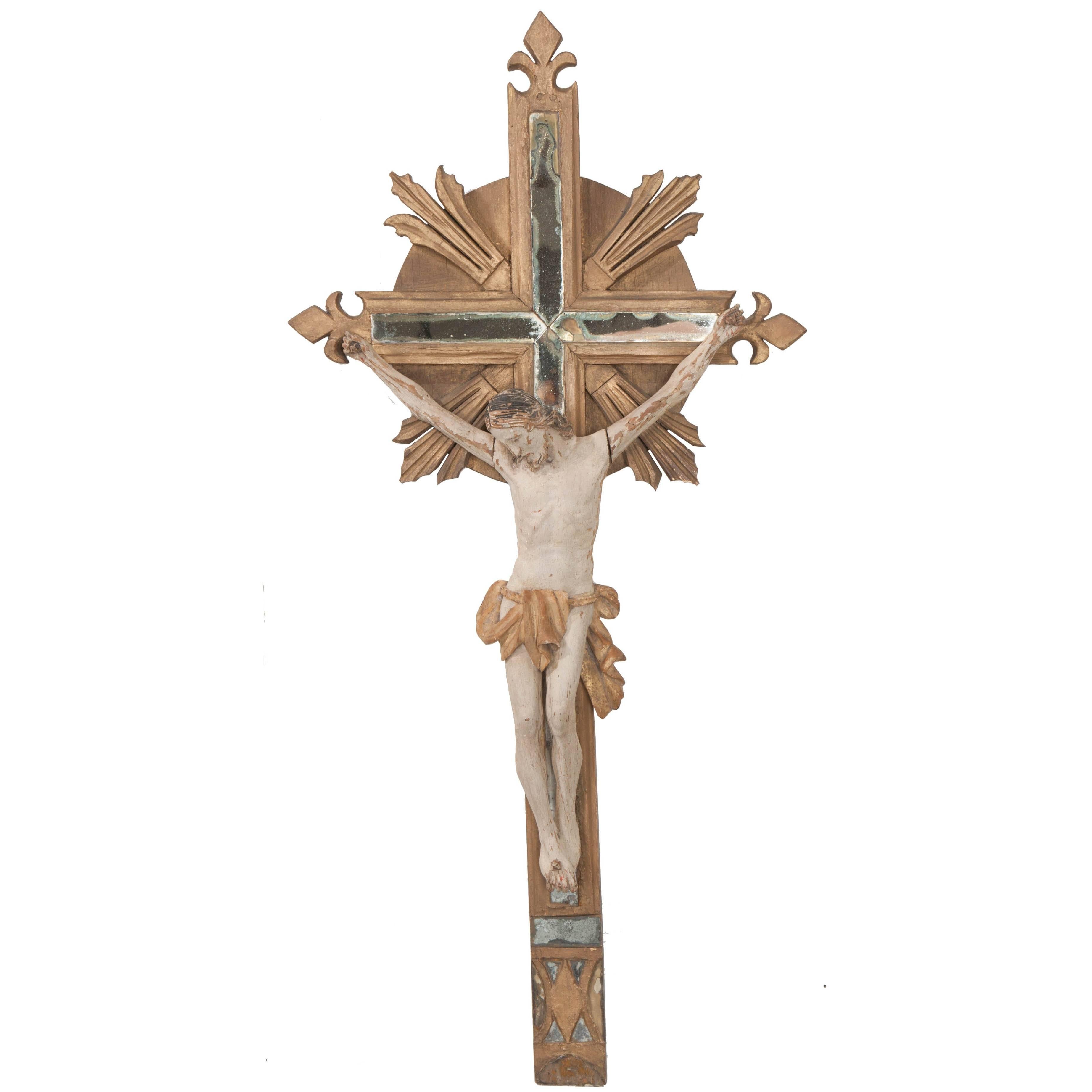 French 19th Century Gold Gilt and Mirror Crucifix 