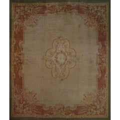 Handwoven Antique Savonnerie Rug circa 1910 in Soft Gold Floral Medallion