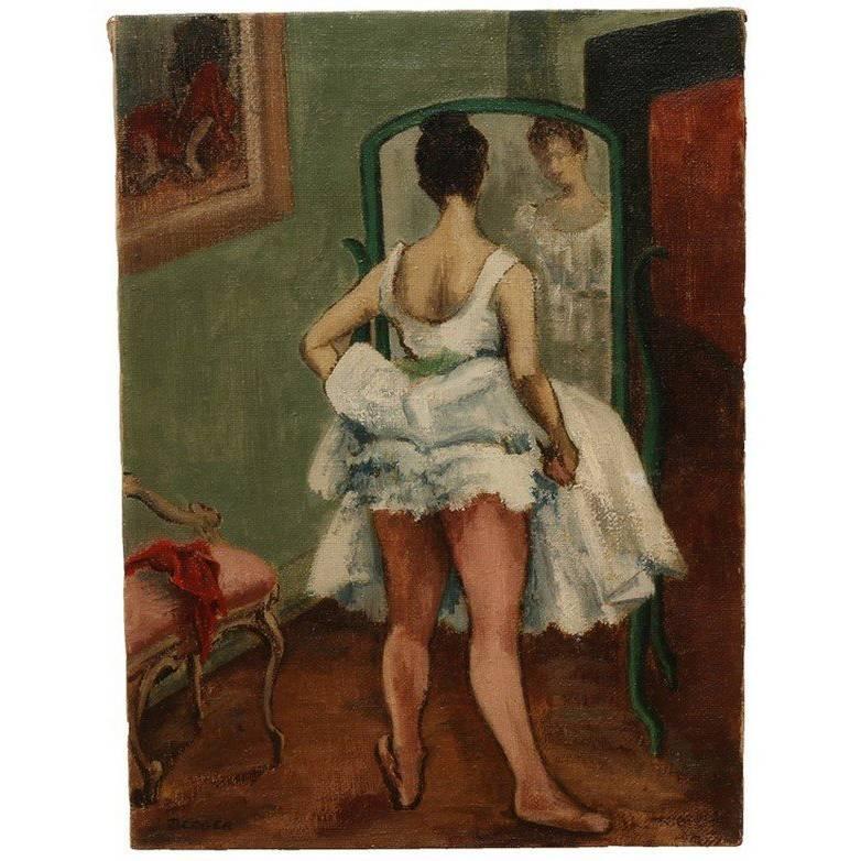 Painting on canvas of a young ballet dancer standing in front of a mirror, titled “Before The Mirror” and signed by artist Jason Berger. Irish-American artist Berger grew up in Massachusetts and traveled and studied in Europe which exposed him to a