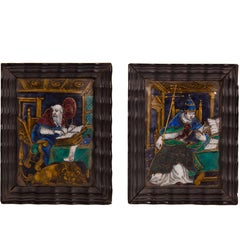 Ancienne paire de plaques en émail de Limoges représentant Saint Jérôme et le pape Léonard II
