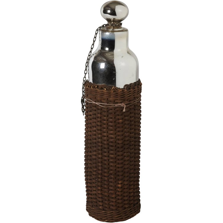 Vintage Wicker Mercury Glass Thermos Bottle For Sale at 1stDibs