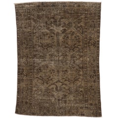 Distressed Retro Overdyed Persian Rug with Warm Modern Industrial Style