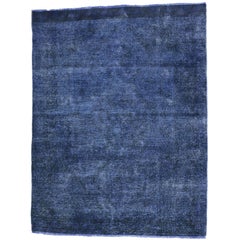 Distressed Vintage  Blue Persian Overdyed Rug with Luxe Mediterranean Style