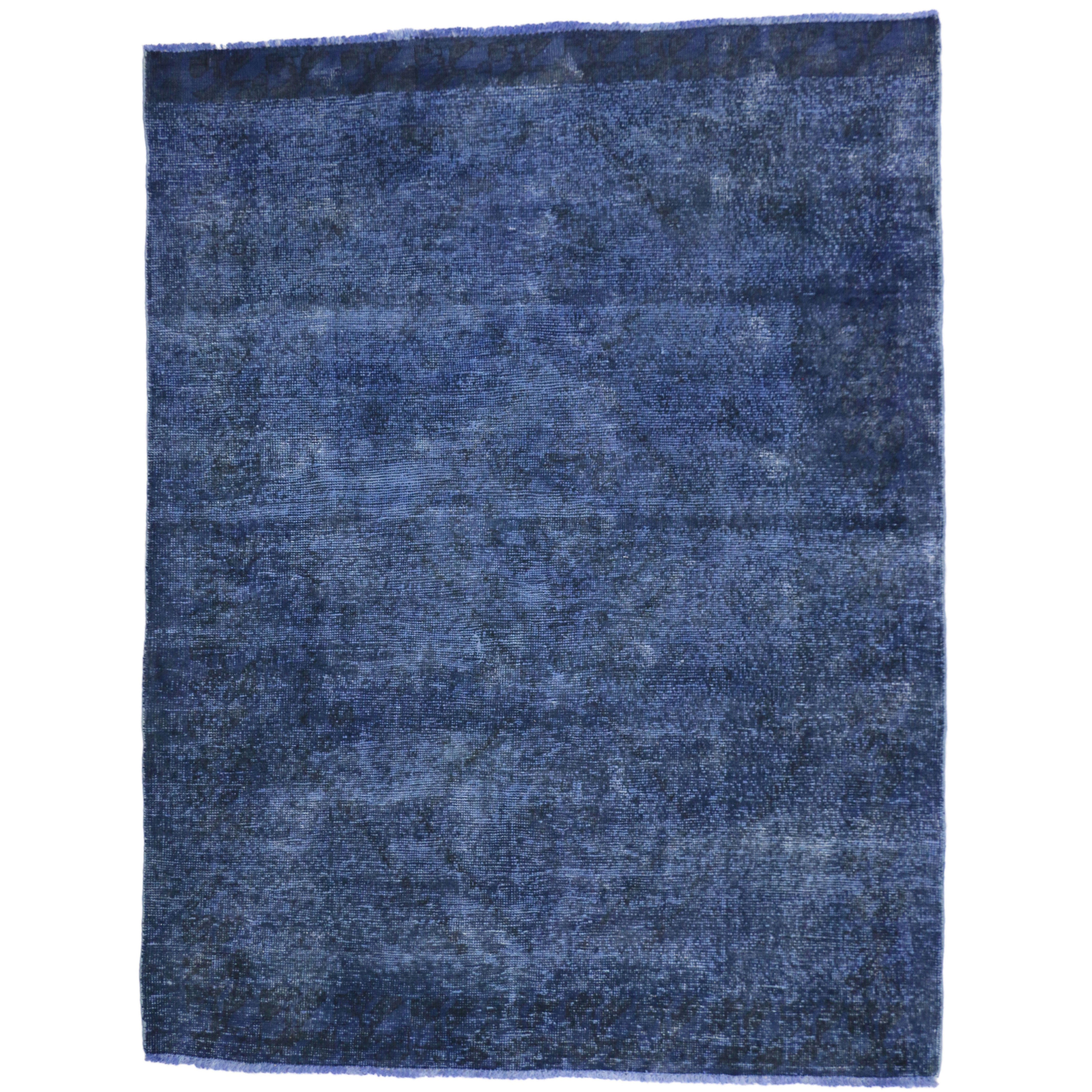 Distressed Blue Overdyed Vintage Persian Rug, Blue Persian Gallery Rug