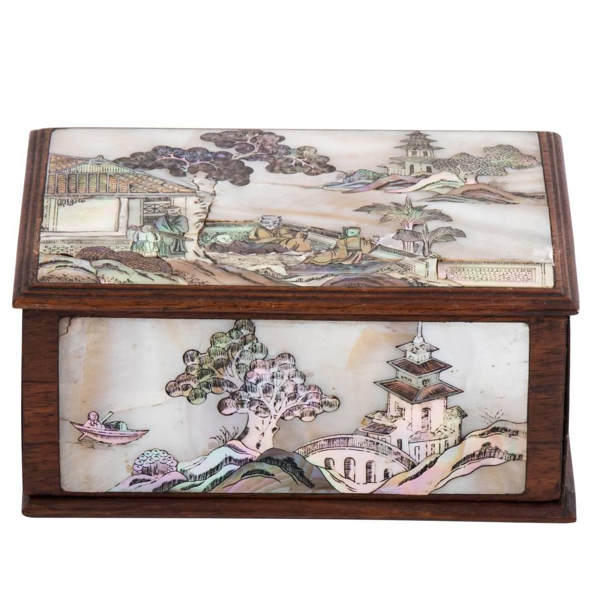 Chinese Inlaid Wood Box  For Sale