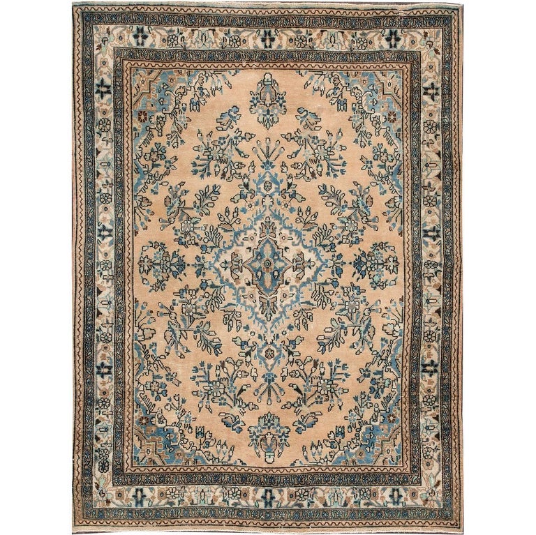 Vintage Cream, Teal Persian Tabriz Rug For Sale at 1stDibs