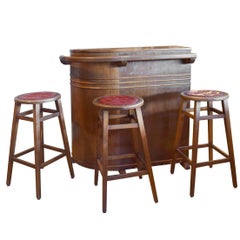Vintage French Mid-Century Wood Cafe Bar with Stools
