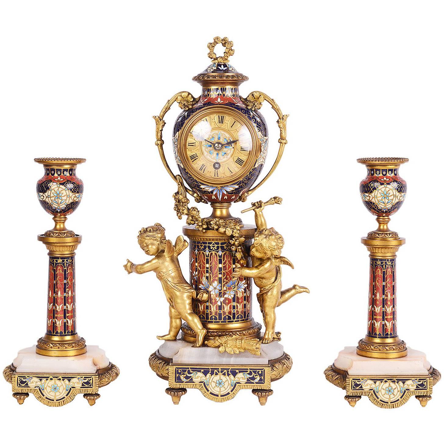 Fine Louis XVI Style Enamel Clock Set