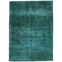 Vintage Distressed Overdyed Teal Persian Rug with Modern Contemporary Style