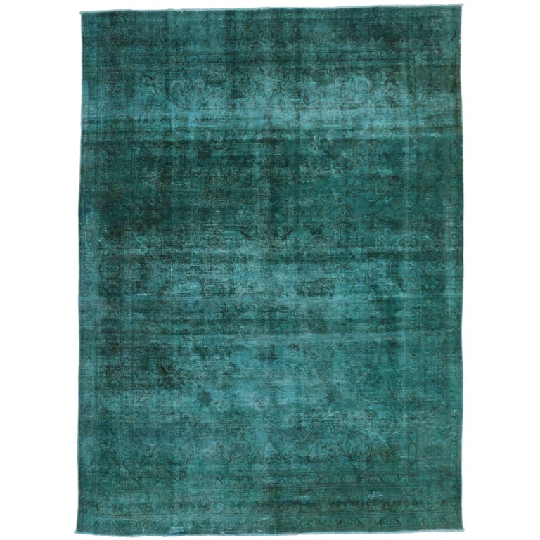 Distressed Overdyed Teal Persian Rug with Modern Contemporary Style at