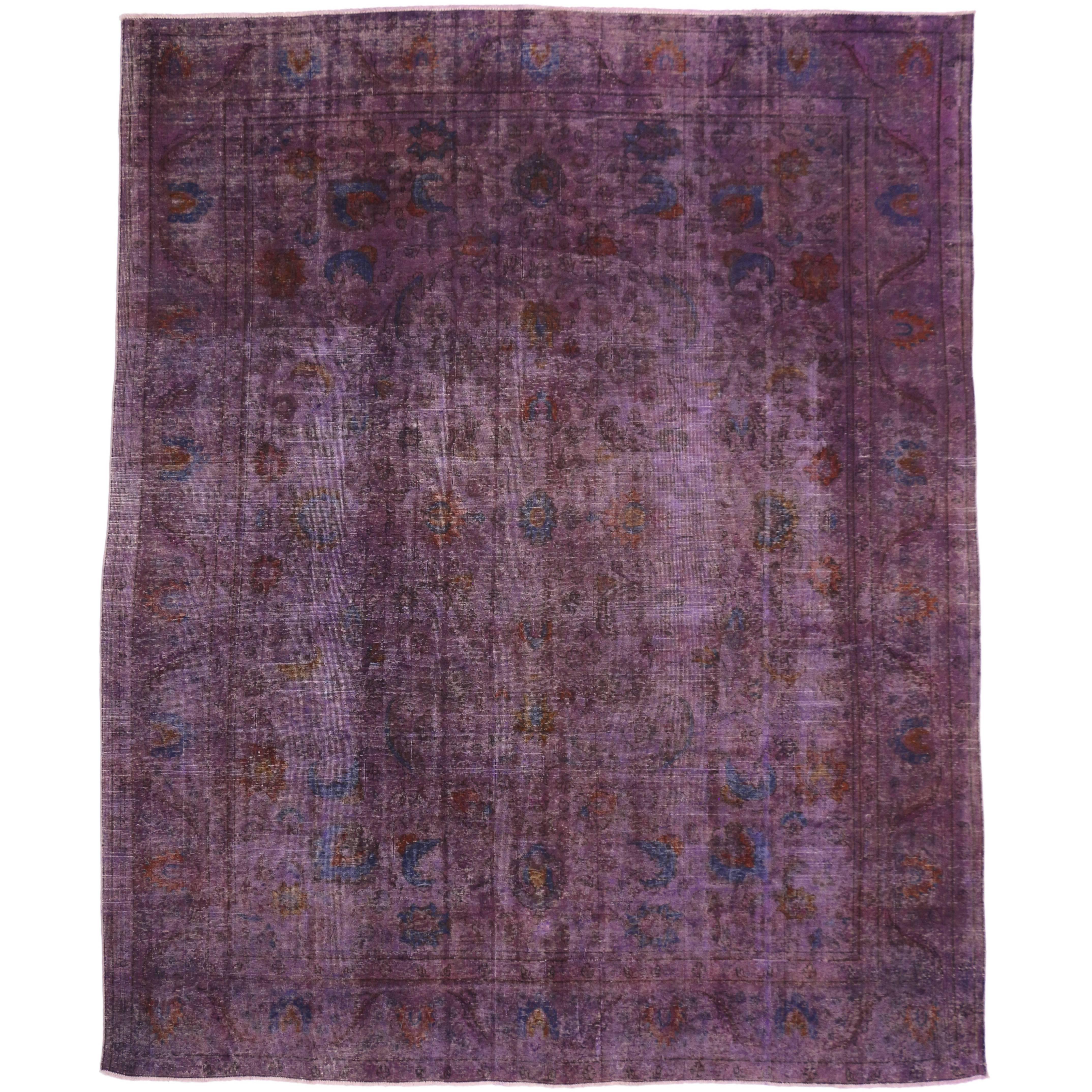 Distressed Overdyed Purple Persian Rug with PostModern Memphis Style