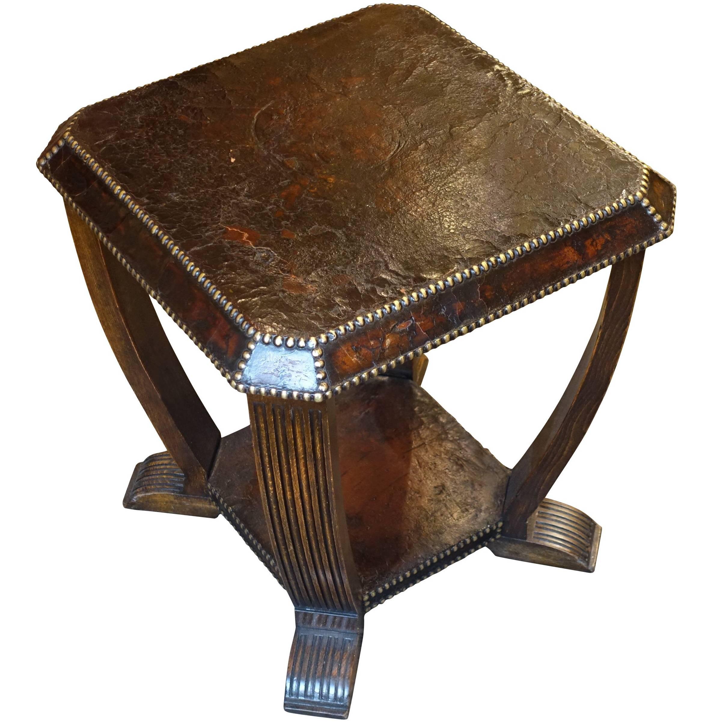 Square Leather Side Table, England, 1930s