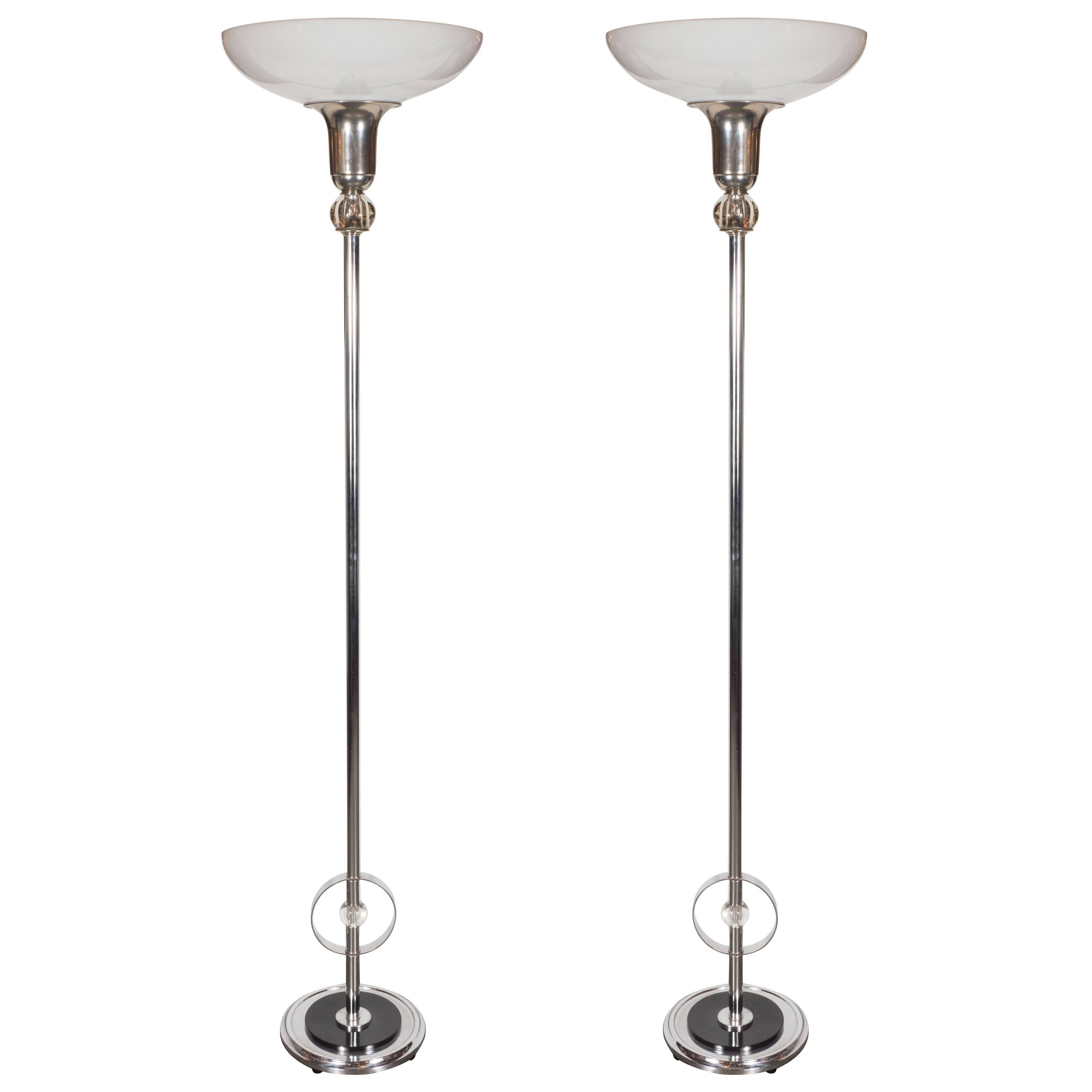 Pair of Art Deco Machine Age Floor Lamps in Chrome, Glass and Black Enamel