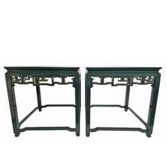 Pair of Vintage Lacquered Green and Gilded Fretwork Side Tables