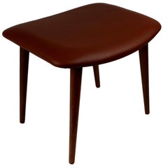 Danish Midcentury Teak Ottoman Upholstered with Brown Aniline Leather