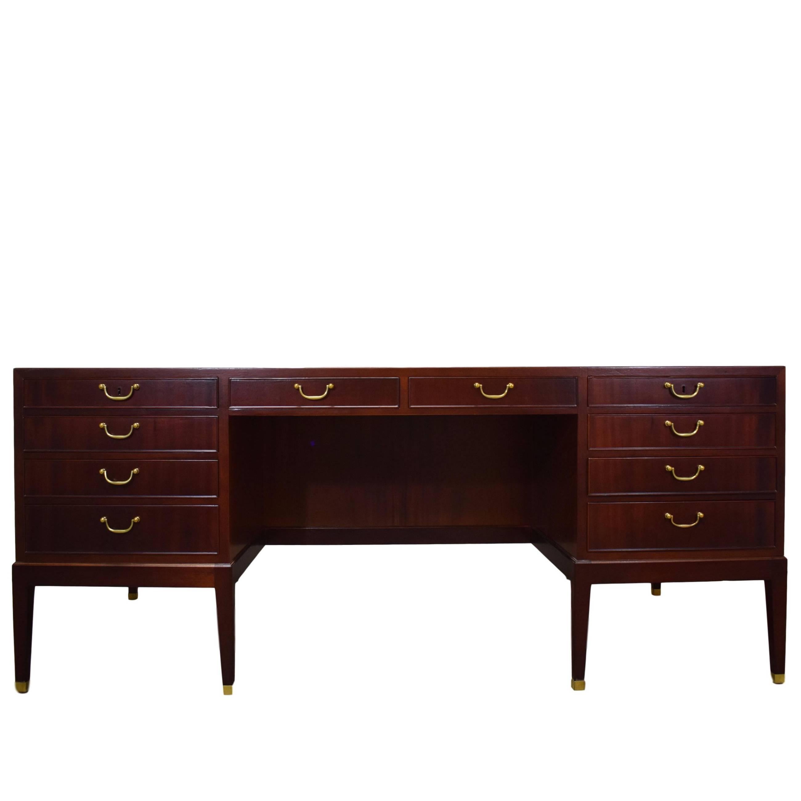 Danish Midcentury Desk by Philips Fabrik, Mahogany, Brass Handles, Ten Drawers For Sale