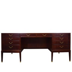 Danish Midcentury Desk by Philips Fabrik, Mahogany, Brass Handles, Ten Drawers