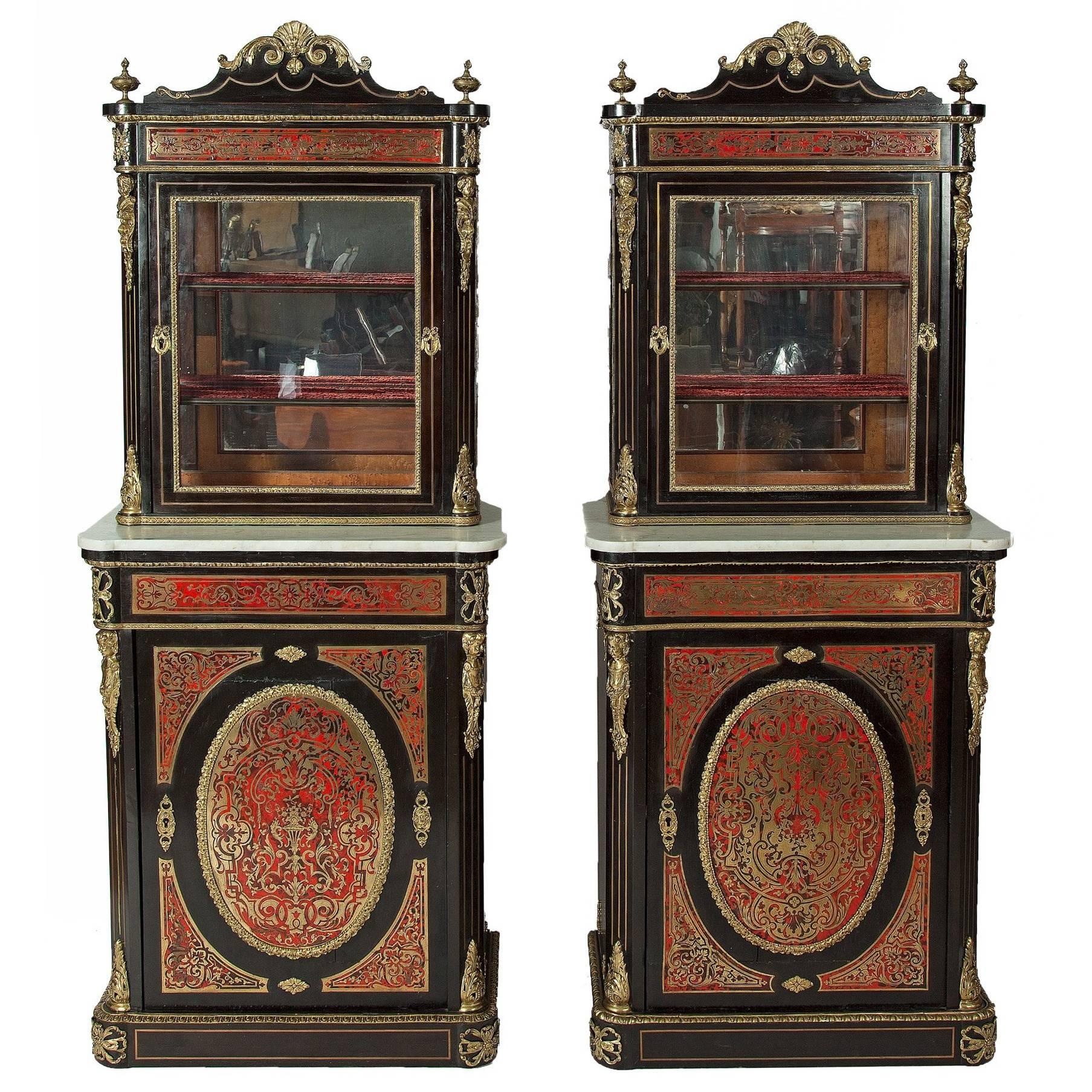 Pair of Antique Ebonized Wood Boulle Marquetry Vitrine Cabinets