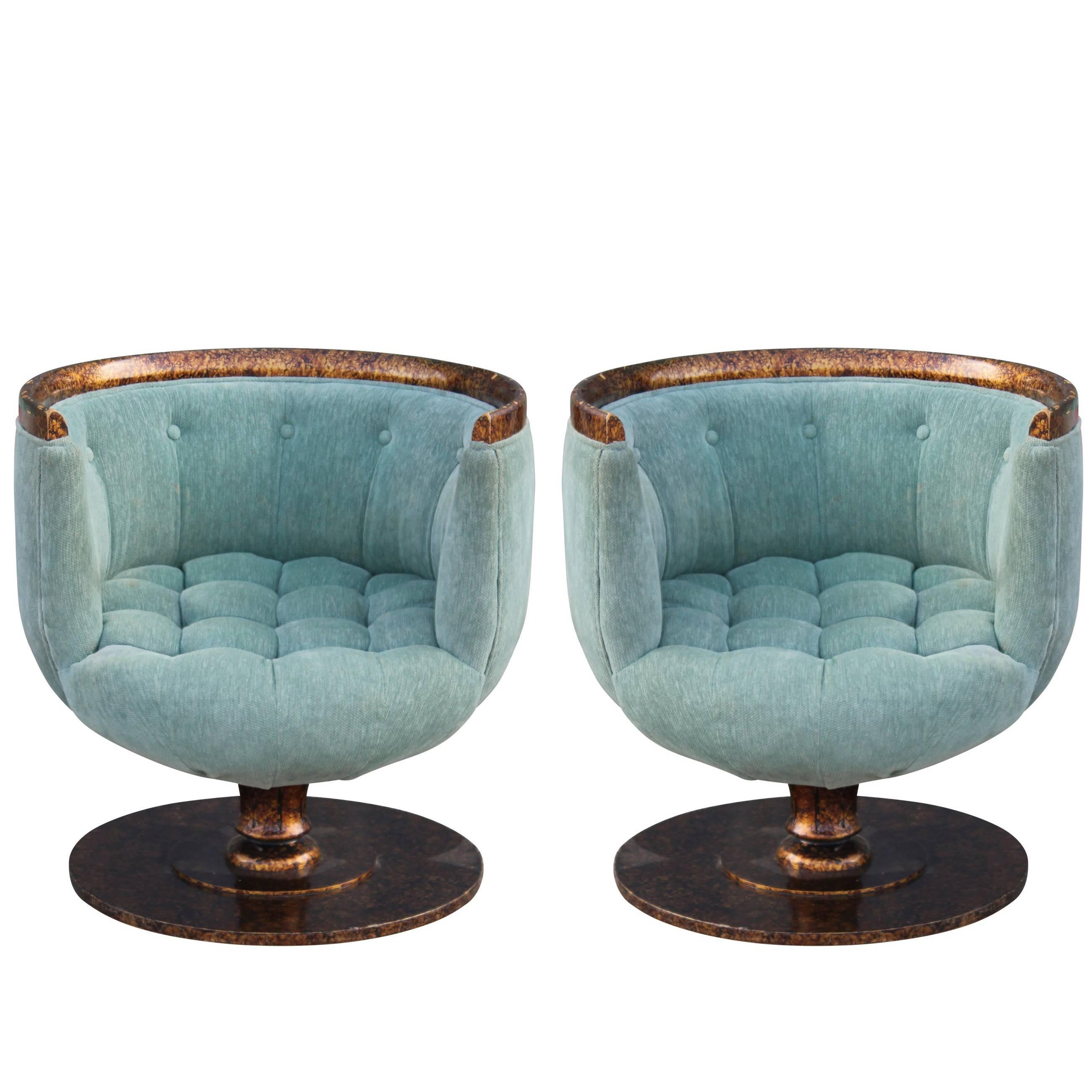 Pair of Modern Barrel Back Swivel Pedestal Chairs in Blue with Tortoise Finish